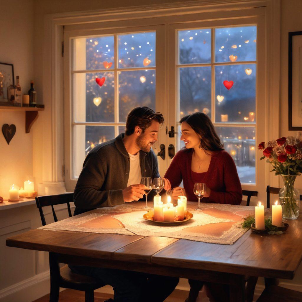 A cozy, warmly-lit setting featuring a couple enjoying a heartfelt moment over a candlelit dinner, surrounded by whimsical heart symbols and soft glowing lights. In the background, an open window reveals a starlit sky. Include elements like flowers and a bottle of wine on the table for an intimate touch. painting. warm colors. soft focus.