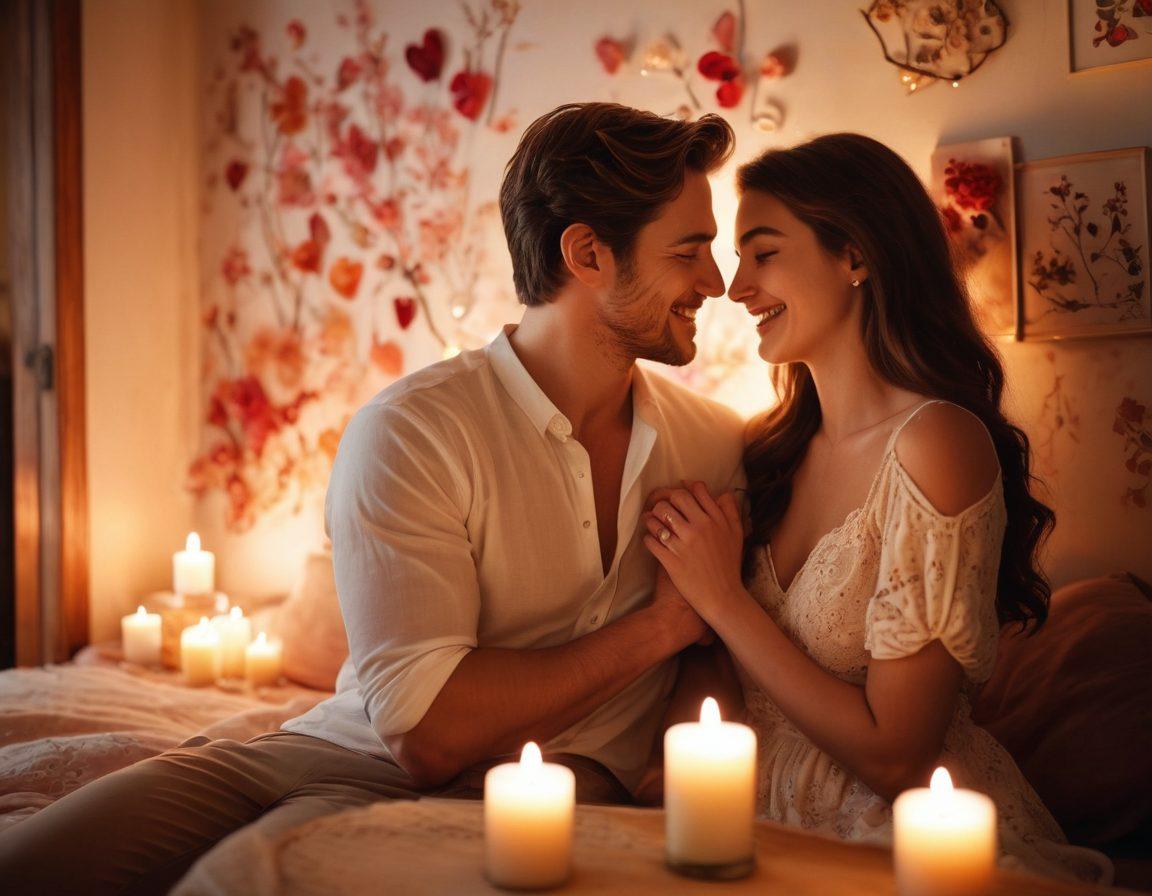 A couple sitting closely together in a cozy, softly lit room, sharing a genuine laugh and looking deeply into each other's eyes, surrounded by symbols of intimacy like scented candles and blooming flowers. The background subtly fades to show a journey from flirtation to fulfillment, illustrating steps like intertwined hands, heart shapes, and glowing embers of passion. Warm, inviting colors create an atmosphere of love and connection. soft painting style. warm hues. intimate setting.