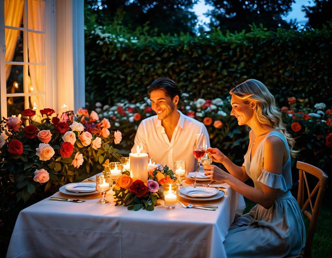A romantic setting featuring two people sharing a candlelit dinner, with soft, glowing candles illuminating their smiling faces. The table is adorned with beautiful flowers and elegant tableware, surrounded by a lush garden at twilight. The atmosphere is intimate, filled with warm colors and a hint of magic in the air. super-realistic. vibrant colors. soft focus.